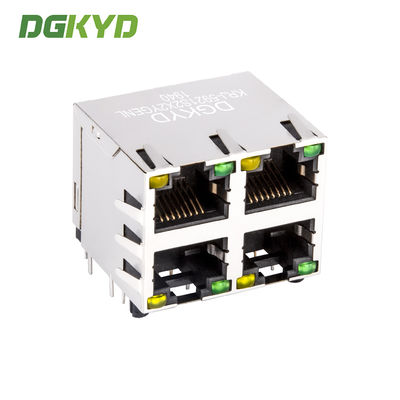 Metal Shielded 2X2 double deck 4 port RJ45 connectors without transfomer RJ45 Ethernet socket with light and shielding communication interface 8P8C KRJ-5921S2X2YGENL