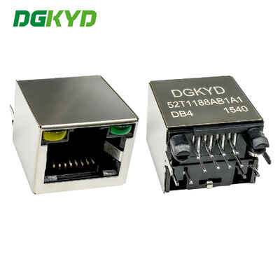 RJ45 soket port tunggal 8P8C dengan pelindung strip cahaya pin datar dilapisi emas 6U DGKYD52T1188AB1A1DB4