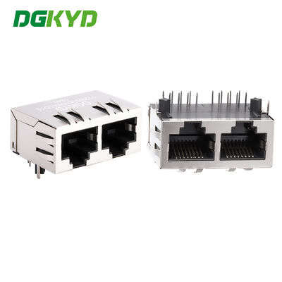 Konektor port ganda RJ45 tanpa filter bawaan, tanpa strip lampu, pin pelindung depan 4.57mm DGKYD112B035HWA1D13