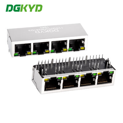 Jack Modular RJ45 Empat Port Berpelindung Logam 1000 Base-Tx dengan LED dan Dudukan PCB