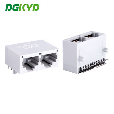 1X2 Port Configuration RJ45 PCB Connector dengan Plating Emas 6u dan Right Angle PCB Mount untuk Komunikasi