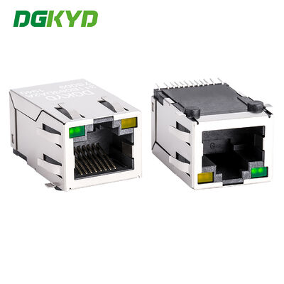Konektor RJ45 SMT Port Tunggal Berpelindung dengan LED Modular Jack RJ45 Berpelindung Logam